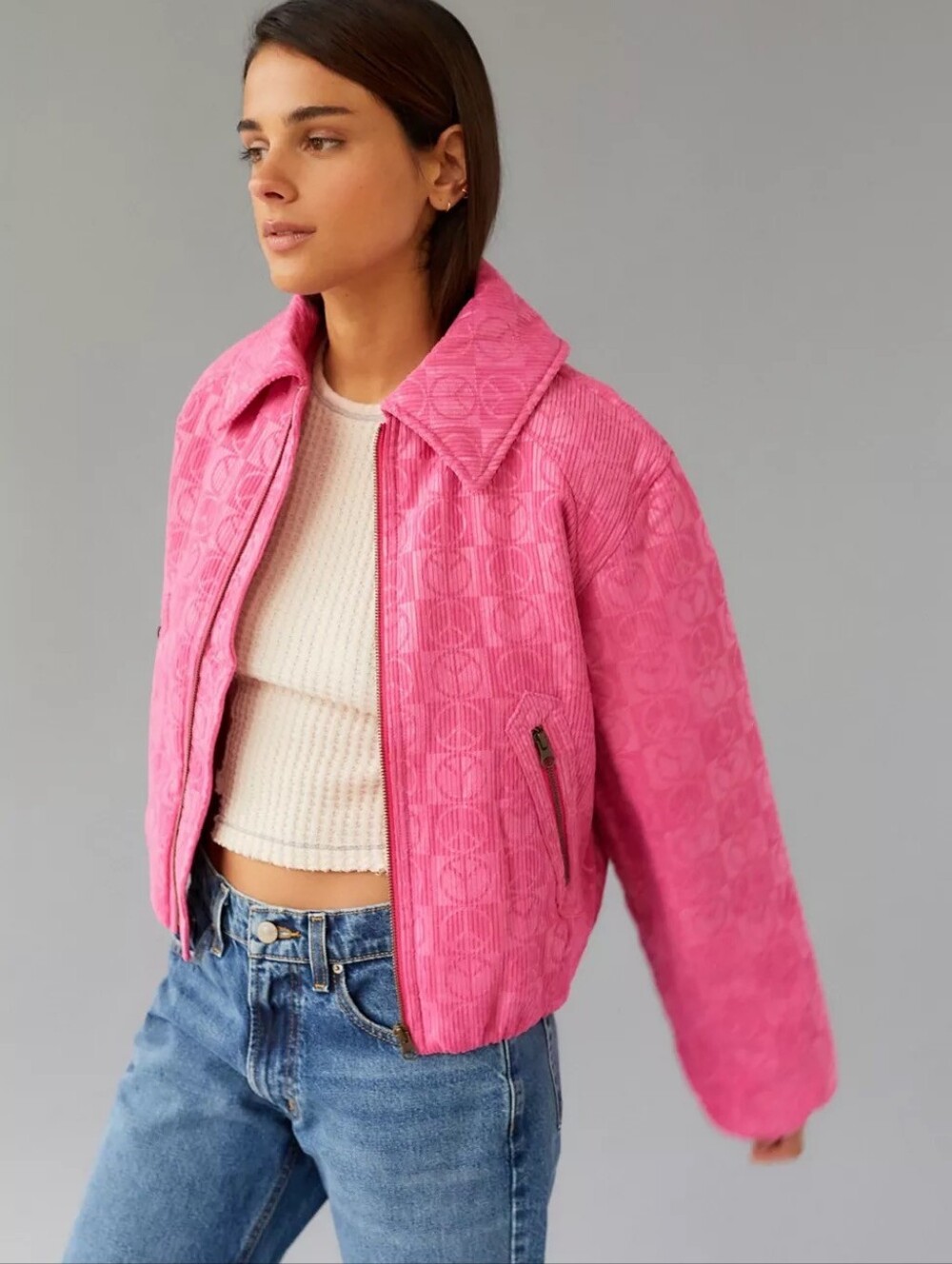 Urban Outfitters Women's Pink Corduroy Cropped Jacket, Size Medium.